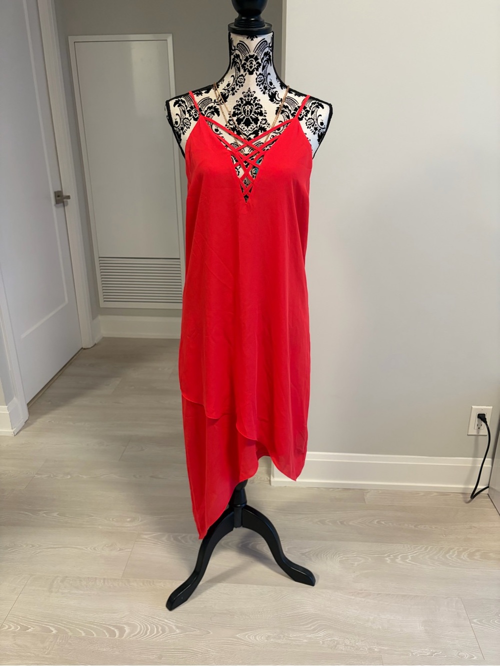 GUESS Red Asymmetrical Slip Dress with Lattice V-Neck